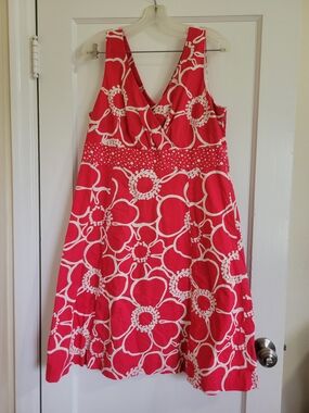 Boden A Line V Neck Sleeveless Midi Pink White Knee Length Size 12R